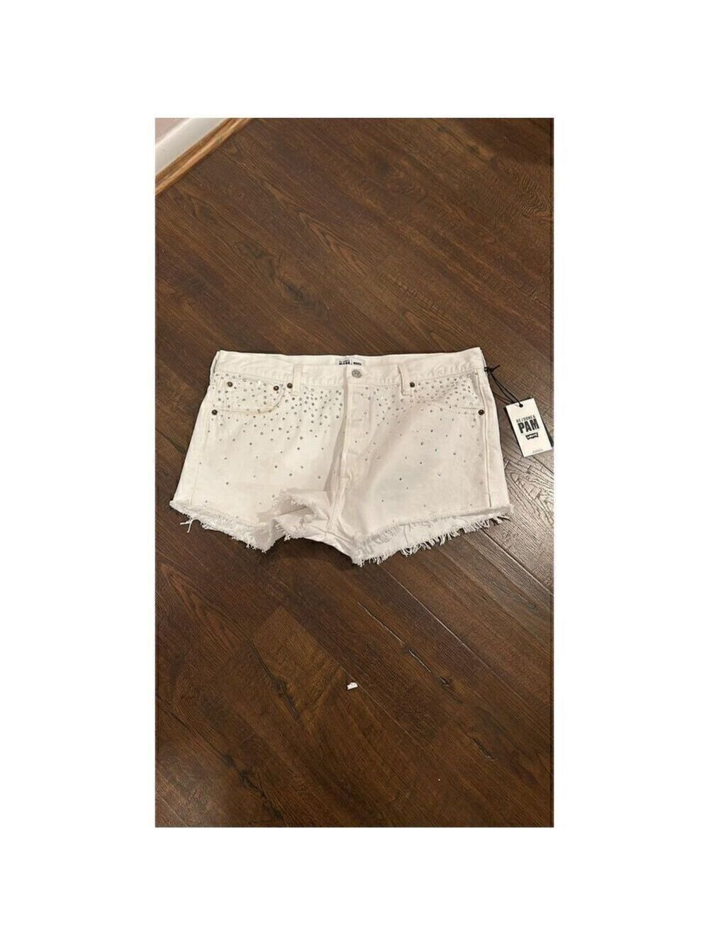 Re/done & Pam Crystal Mid-rise White Denim Shorts Size 32 (10-12) - Picture 14 of 14